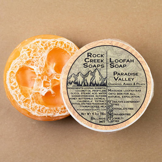 Rock Creek Oakmoss + Black Amber + Peach Loofah Soap | Paradise Valley Rock Creek Soaps