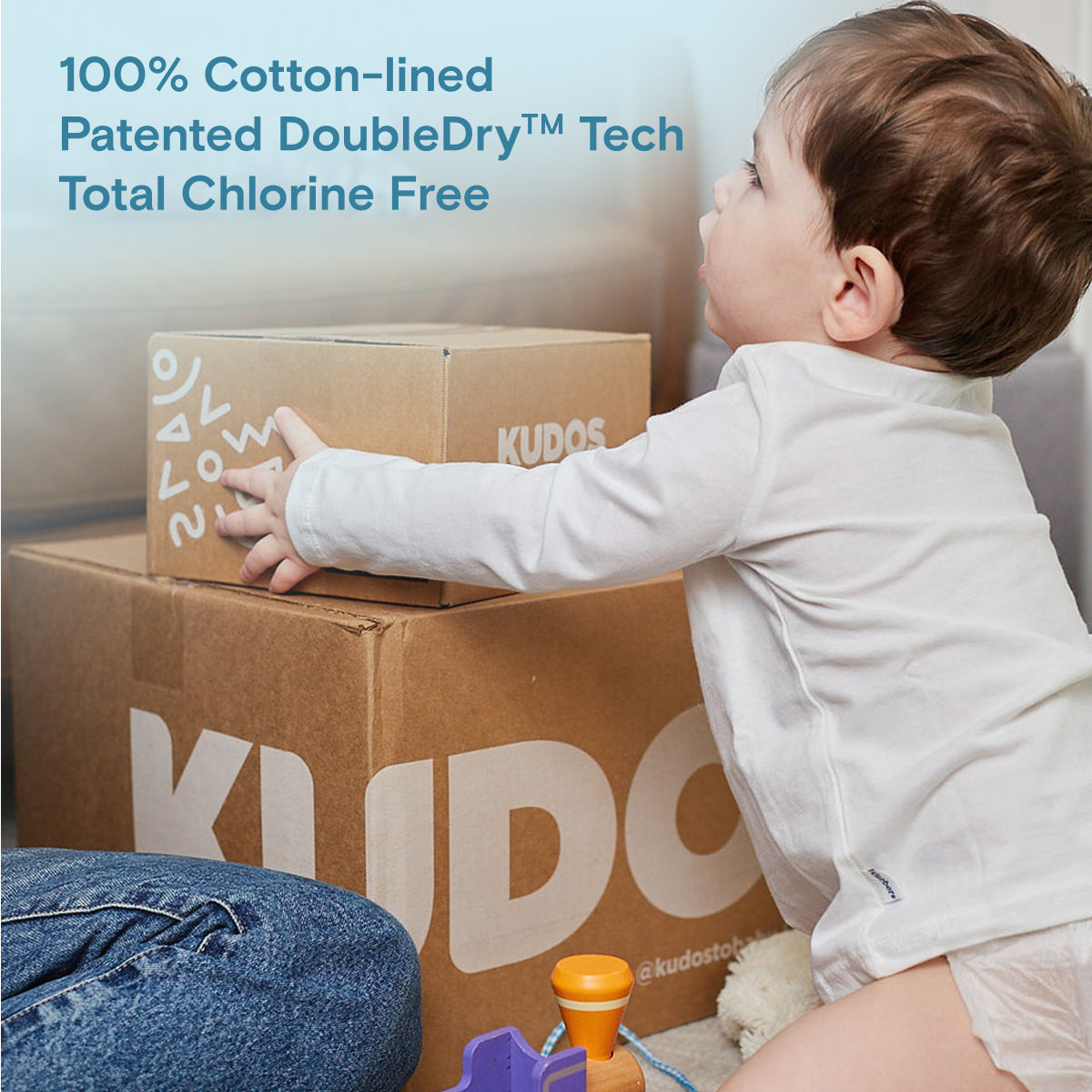 Kudos 100 DoubleDry™ Disposable Diaper Box | 100% Cotton Liner Kudos