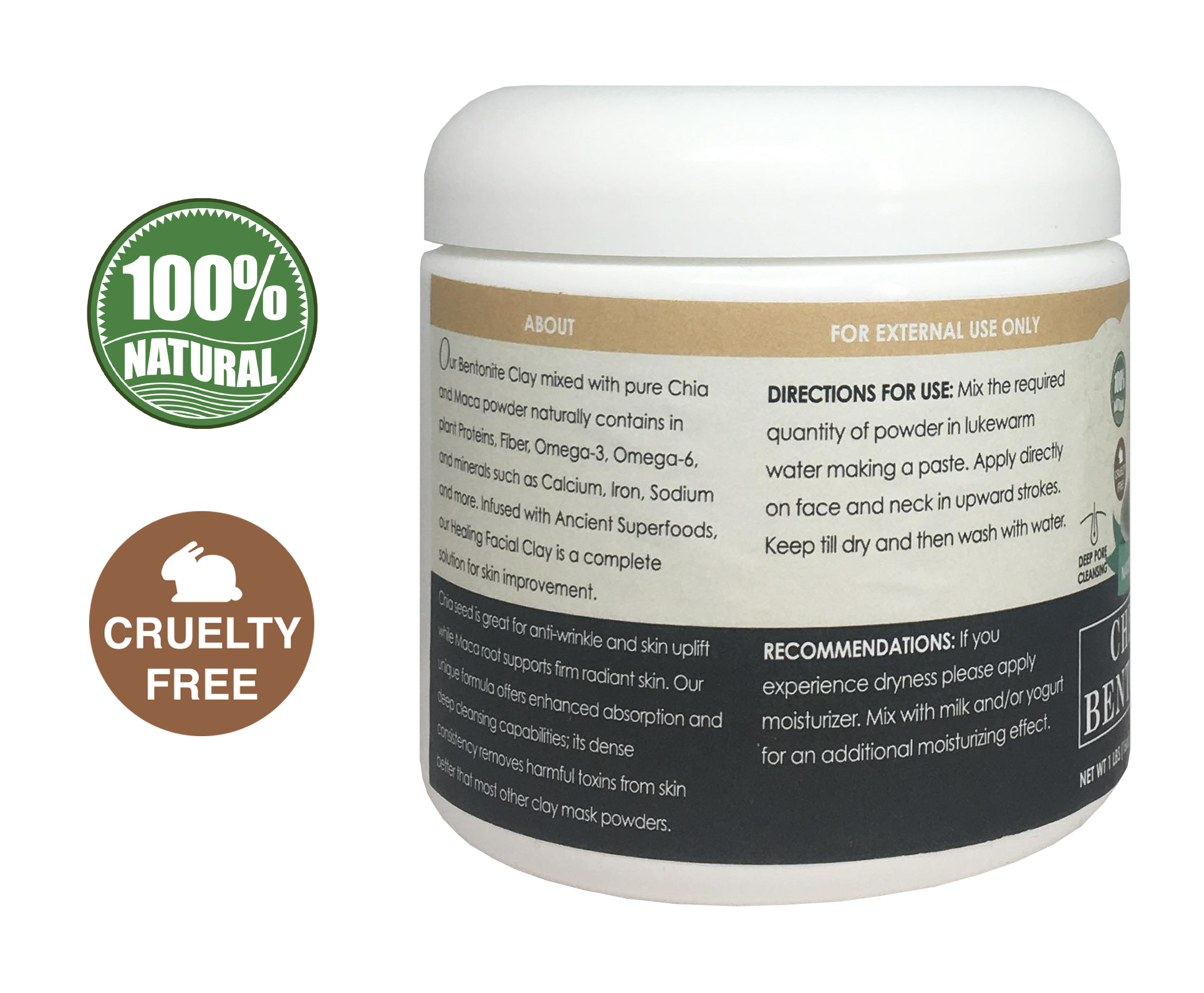Chia & Maca Healing Bentonite Clay Natural Face Mask Powder, 1 Pound - Leisure Life USA