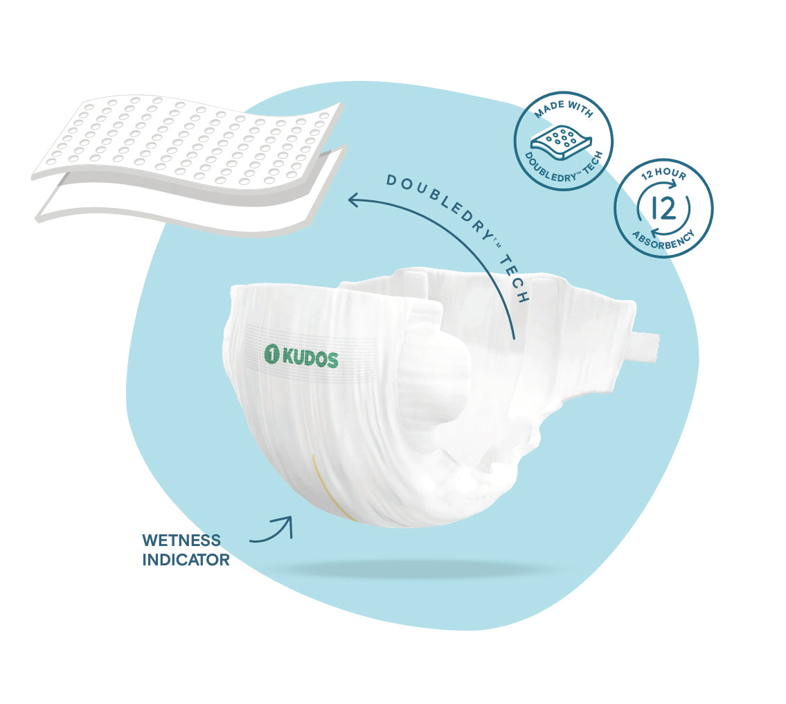 Kudos 100 DoubleDry™ Disposable Diaper Box | 100% Cotton Liner Kudos