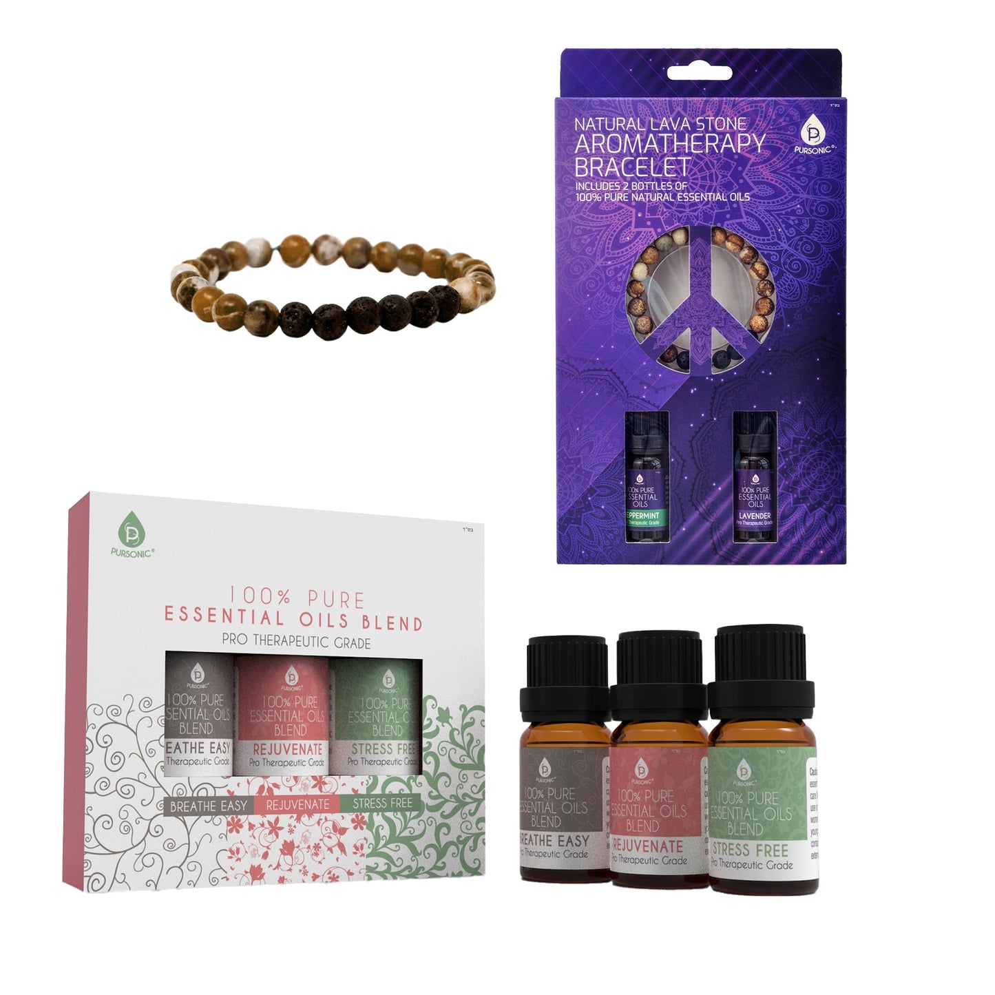 Pursonic Aromatherapy Bliss Bundle: Lava Stone Bracelet + Pure Essential Oils. - Leisure Life USA