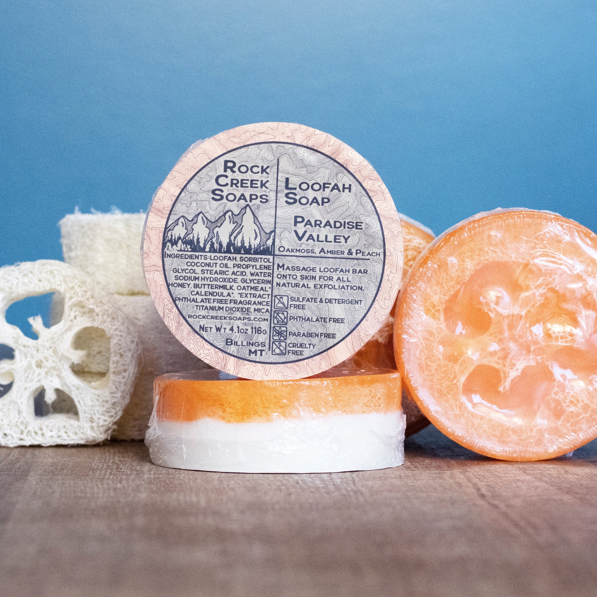 Rock Creek Oakmoss + Black Amber + Peach Loofah Soap | Paradise Valley Rock Creek Soaps