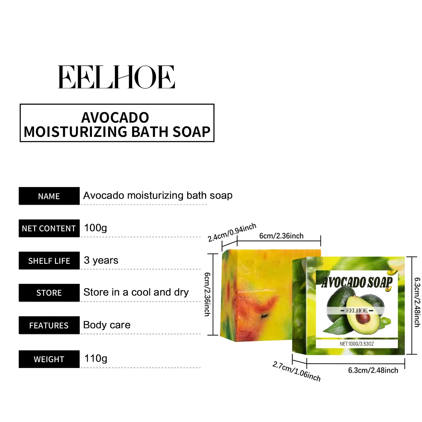 EELHOE Elastic Skin Lightening Soap Avocado Oil Control Rich Foam Professional Skin Cleansing Smooth Brightening Body Soap 100g