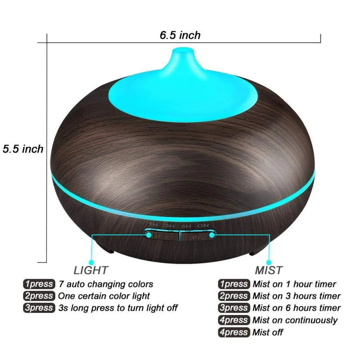 550ml Wood Grain Aroma Diffuser & Cool Mist Humidifier with Remote Control, Timer, US Plug