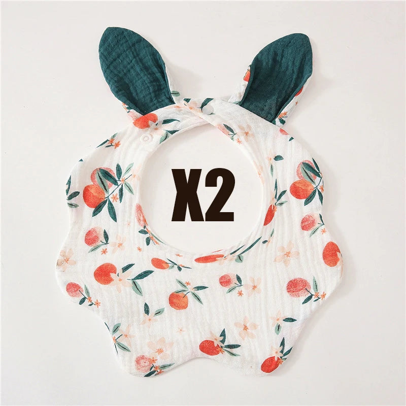Muslin Bibs 2 Pack Organic Cotton Baby Bib For Drooling and Teething Cute Rabbit Ears Absorbent Saliva Towel With Snap Button