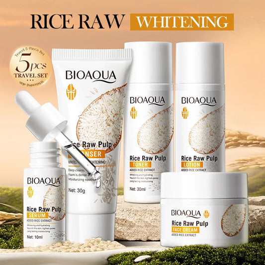 Rice Puree Skin Care Set Whitening Brighten Hydrating Moisturize Soothing Facial Cleanser+Toner+Essence+Lotion+Cream Skincare