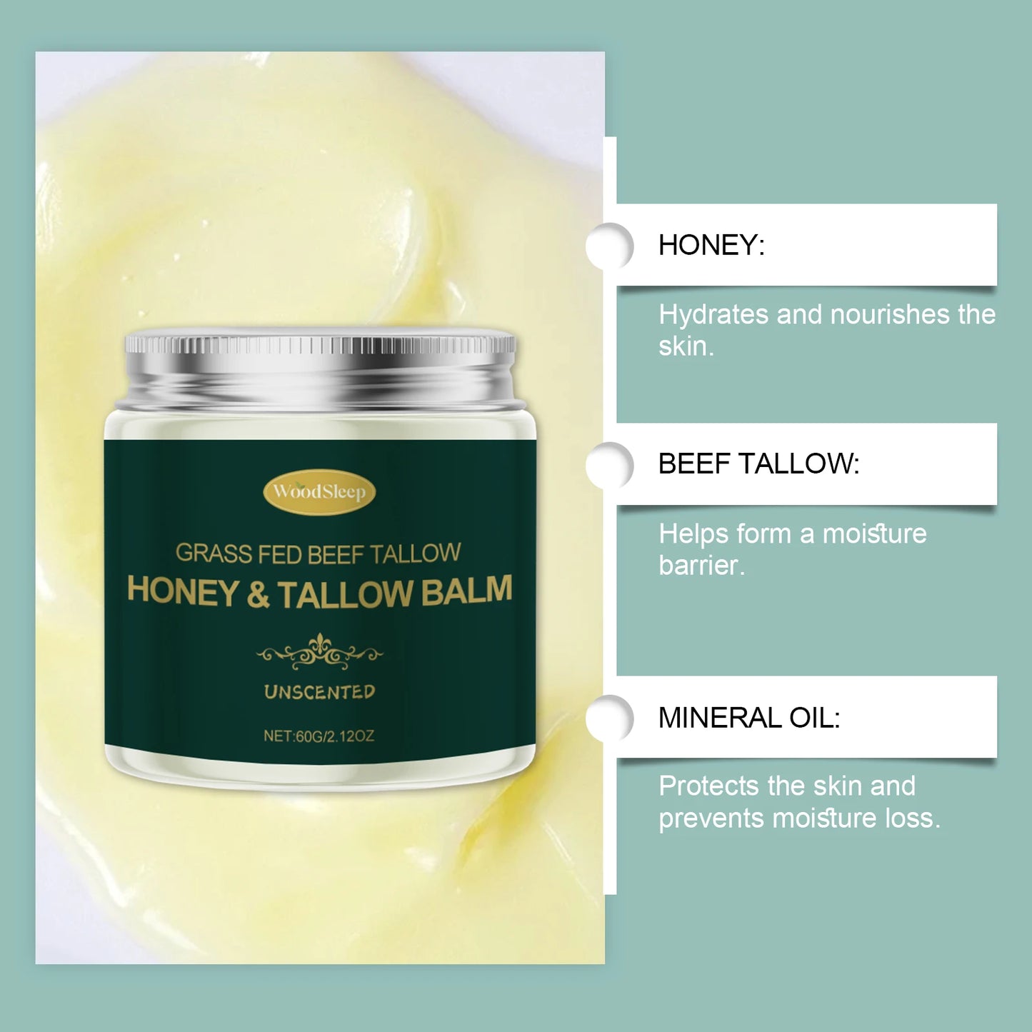 Grass Fed Beef Tallow Honey Face Cream Deep Hydrating Firming Moisturizer Nourishing Face Cream Long-lasting Moisture Lock Soften Skin Facial Hydrating Cream