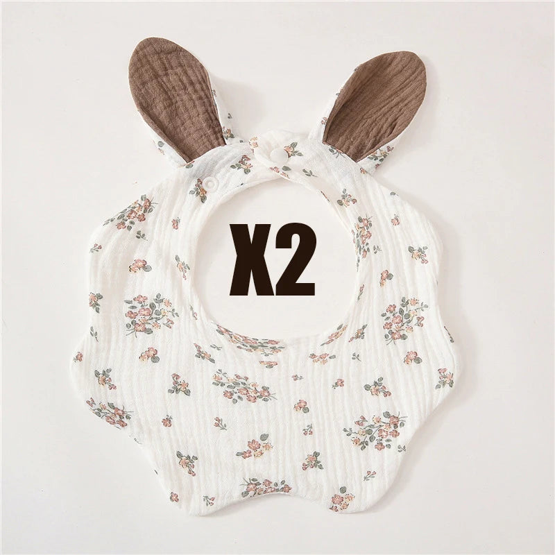 Muslin Bibs 2 Pack Organic Cotton Baby Bib For Drooling and Teething Cute Rabbit Ears Absorbent Saliva Towel With Snap Button