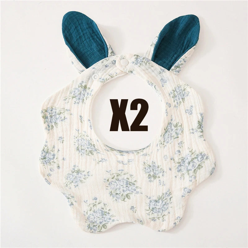 Muslin Bibs 2 Pack Organic Cotton Baby Bib For Drooling and Teething Cute Rabbit Ears Absorbent Saliva Towel With Snap Button