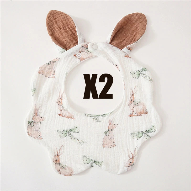 Muslin Bibs 2 Pack Organic Cotton Baby Bib For Drooling and Teething Cute Rabbit Ears Absorbent Saliva Towel With Snap Button