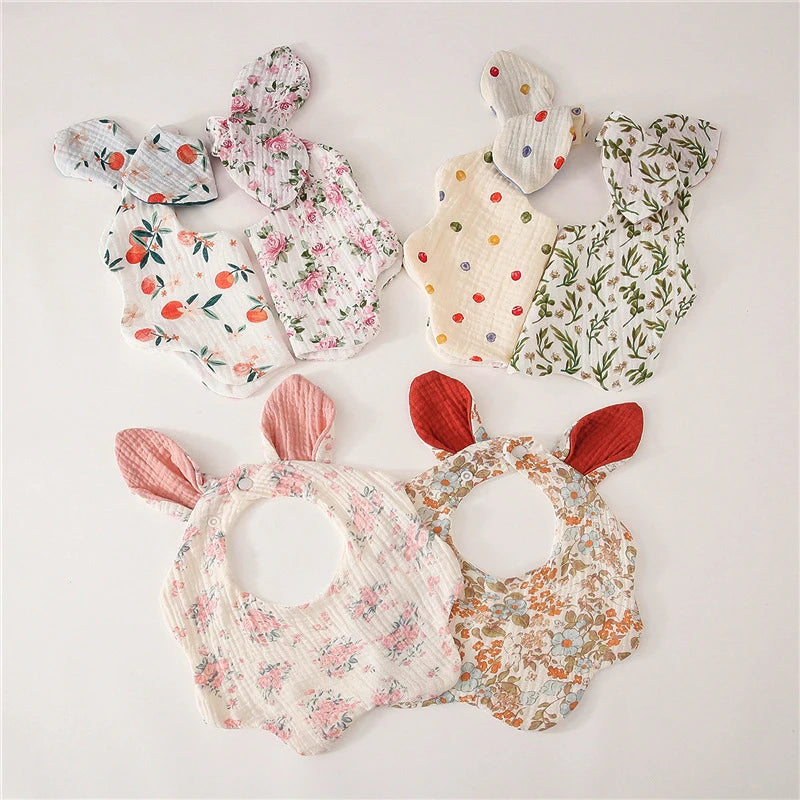 Muslin Bibs 2 Pack Organic Cotton Baby Bib For Drooling and Teething Cute Rabbit Ears Absorbent Saliva Towel With Snap Button
