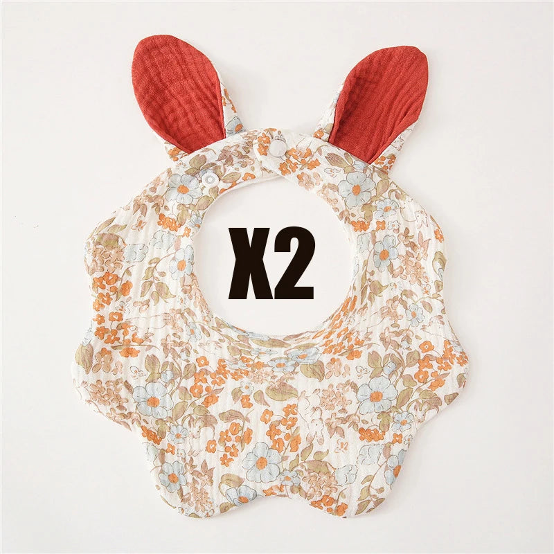 Muslin Bibs 2 Pack Organic Cotton Baby Bib For Drooling and Teething Cute Rabbit Ears Absorbent Saliva Towel With Snap Button