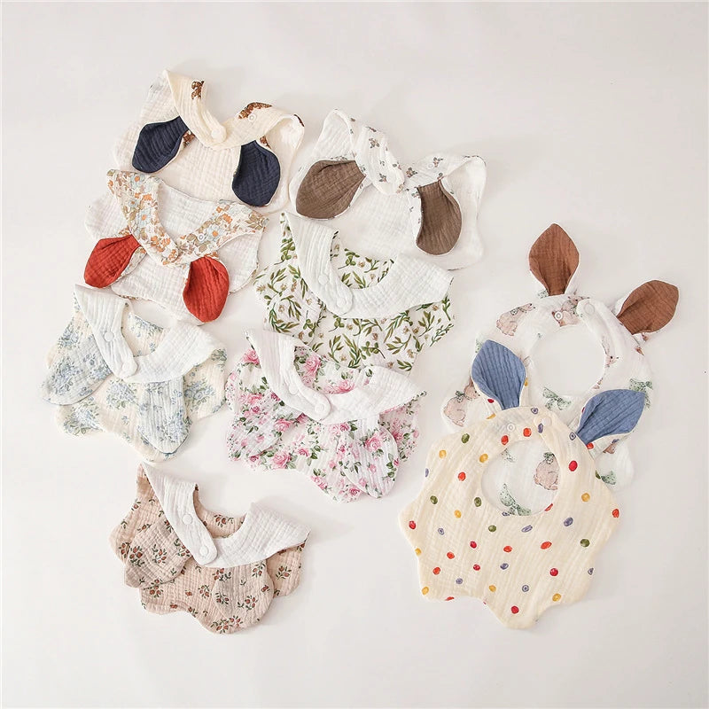 Muslin Bibs 2 Pack Organic Cotton Baby Bib For Drooling and Teething Cute Rabbit Ears Absorbent Saliva Towel With Snap Button