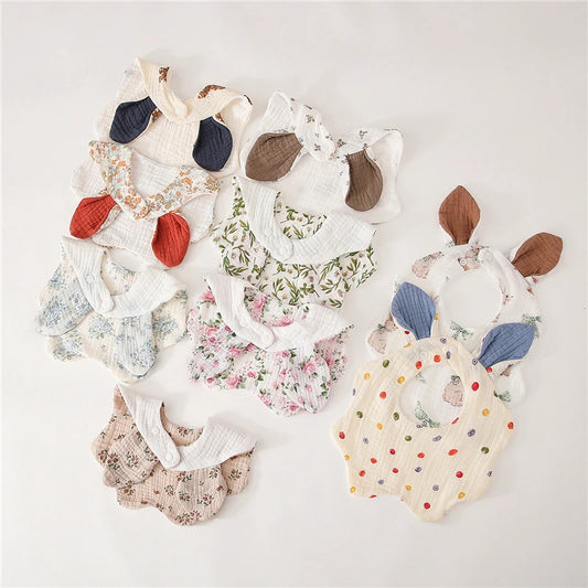 Muslin Bibs 2 Pack Organic Cotton Baby Bib For Drooling and Teething Cute Rabbit Ears Absorbent Saliva Towel With Snap Button