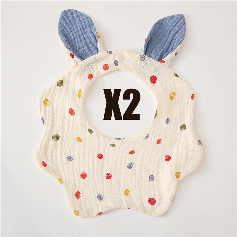 Muslin Bibs 2 Pack Organic Cotton Baby Bib For Drooling and Teething Cute Rabbit Ears Absorbent Saliva Towel With Snap Button