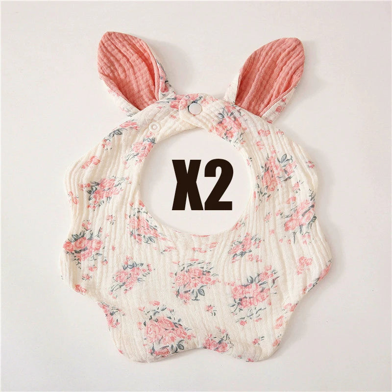 Muslin Bibs 2 Pack Organic Cotton Baby Bib For Drooling and Teething Cute Rabbit Ears Absorbent Saliva Towel With Snap Button