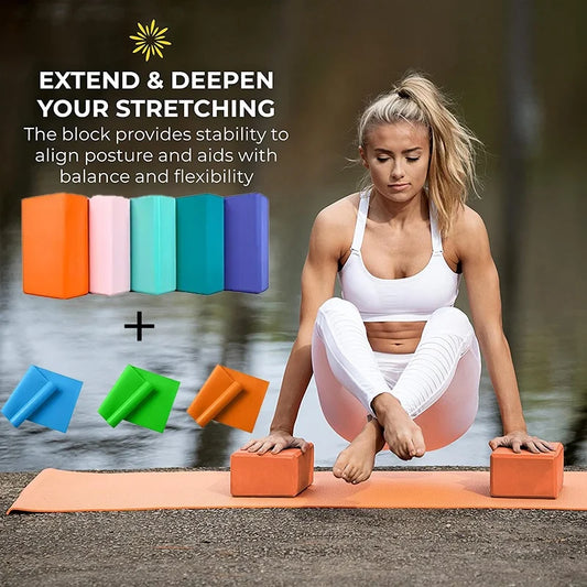 3pcs Set with Two Yoga Blocks+Resistance Bands, EVA Yoga Blocks, Stretching Resistance Bands Suitable for Beginner Yoga, Stretch