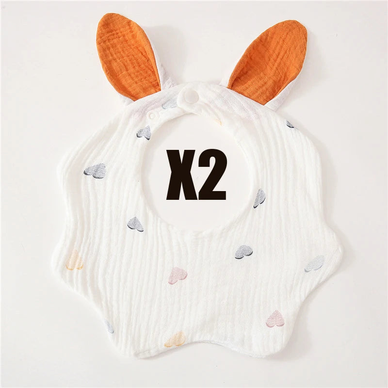 Muslin Bibs 2 Pack Organic Cotton Baby Bib For Drooling and Teething Cute Rabbit Ears Absorbent Saliva Towel With Snap Button