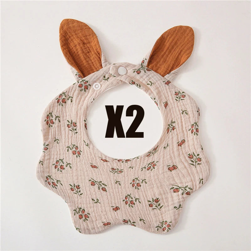 Muslin Bibs 2 Pack Organic Cotton Baby Bib For Drooling and Teething Cute Rabbit Ears Absorbent Saliva Towel With Snap Button