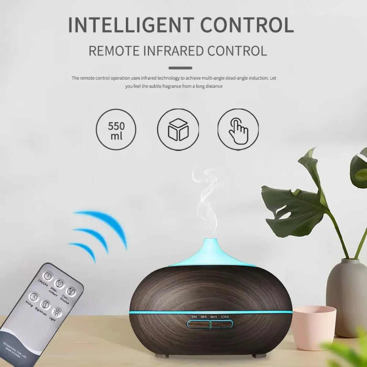 550ml Wood Grain Aroma Diffuser & Cool Mist Humidifier with Remote Control, Timer, US Plug