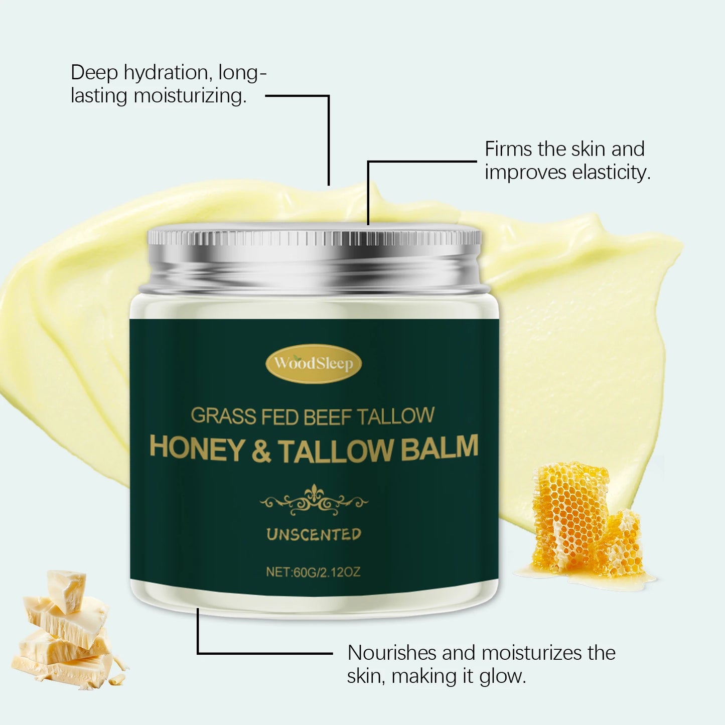 Grass Fed Beef Tallow Honey Face Cream Deep Hydrating Firming Moisturizer Nourishing Face Cream Long-lasting Moisture Lock Soften Skin Facial Hydrating Cream