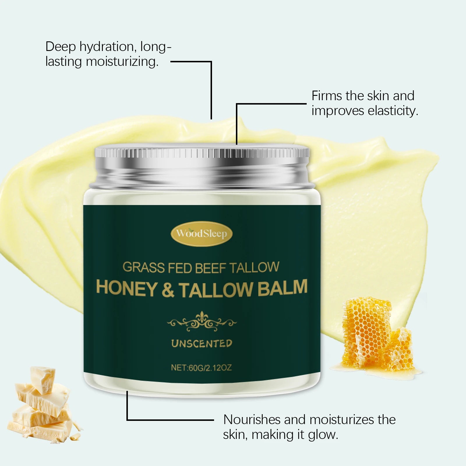 Grass Fed Beef Tallow Honey Face Cream Deep Hydrating Firming Moisturizer Nourishing Face Cream Long-lasting Moisture Lock Soften Skin Facial Hydrating Cream