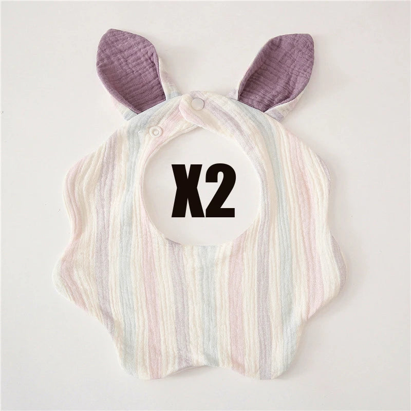 Muslin Bibs 2 Pack Organic Cotton Baby Bib For Drooling and Teething Cute Rabbit Ears Absorbent Saliva Towel With Snap Button