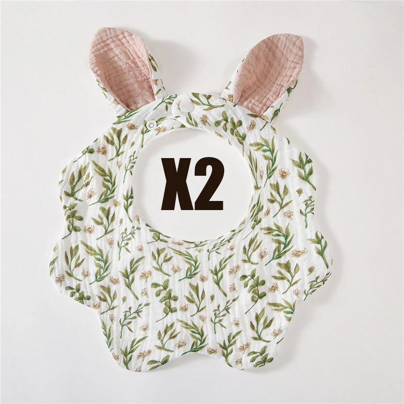 Muslin Bibs 2 Pack Organic Cotton Baby Bib For Drooling and Teething Cute Rabbit Ears Absorbent Saliva Towel With Snap Button