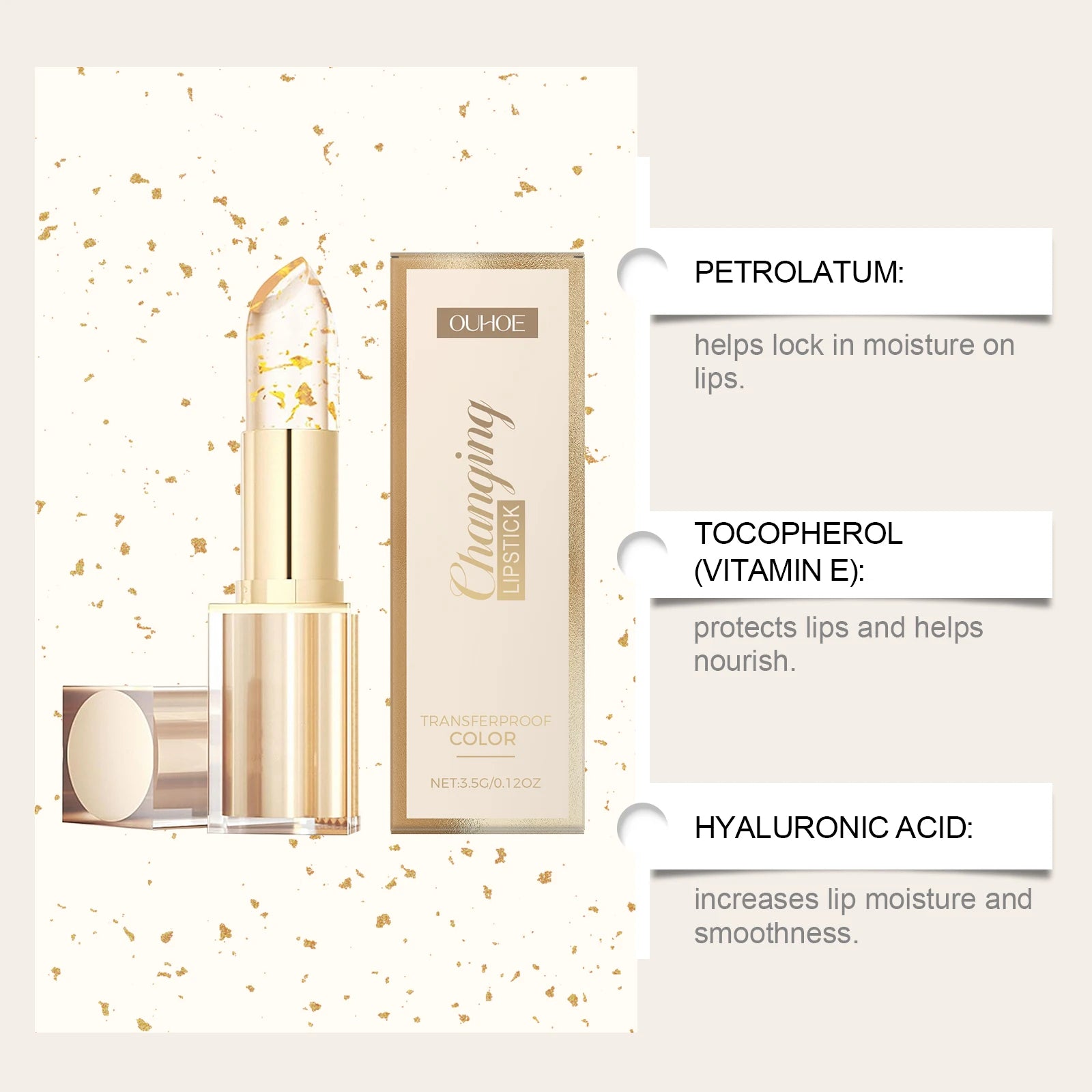 24K Gold Foil Vitamin E Lip Balm Crystal Jelly Lipstick,Moisturizing Lip Care for Dry Lips,Long-Lasting Hydrating Tint