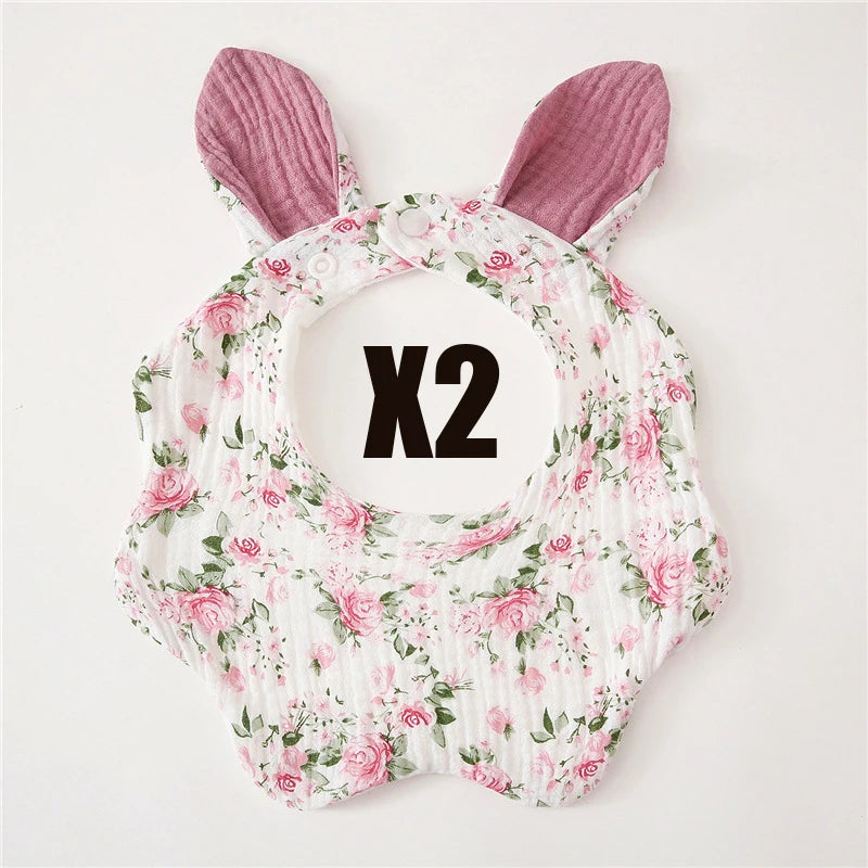 Muslin Bibs 2 Pack Organic Cotton Baby Bib For Drooling and Teething Cute Rabbit Ears Absorbent Saliva Towel With Snap Button
