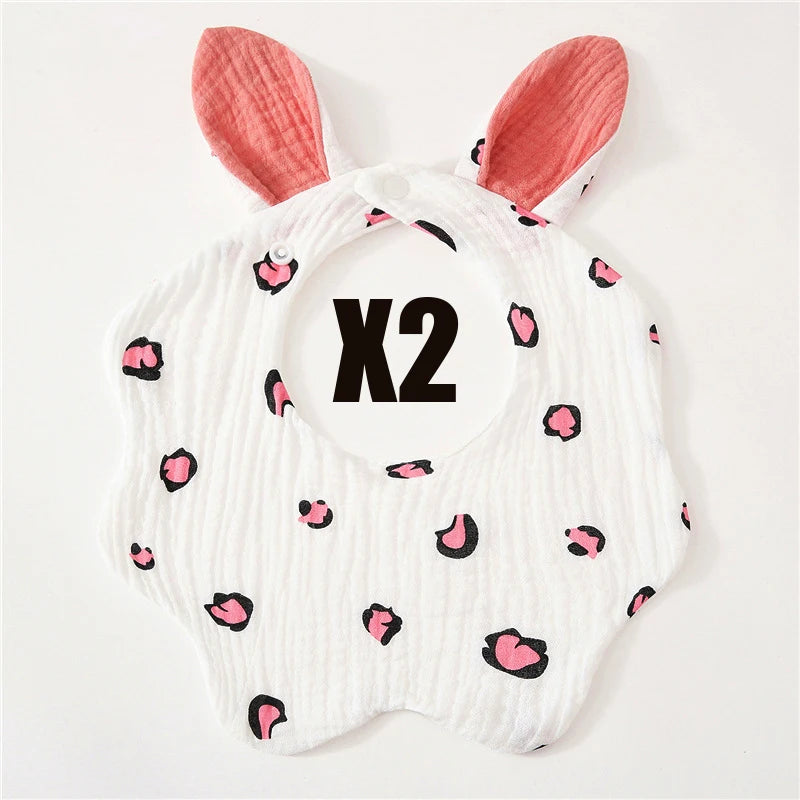 Muslin Bibs 2 Pack Organic Cotton Baby Bib For Drooling and Teething Cute Rabbit Ears Absorbent Saliva Towel With Snap Button
