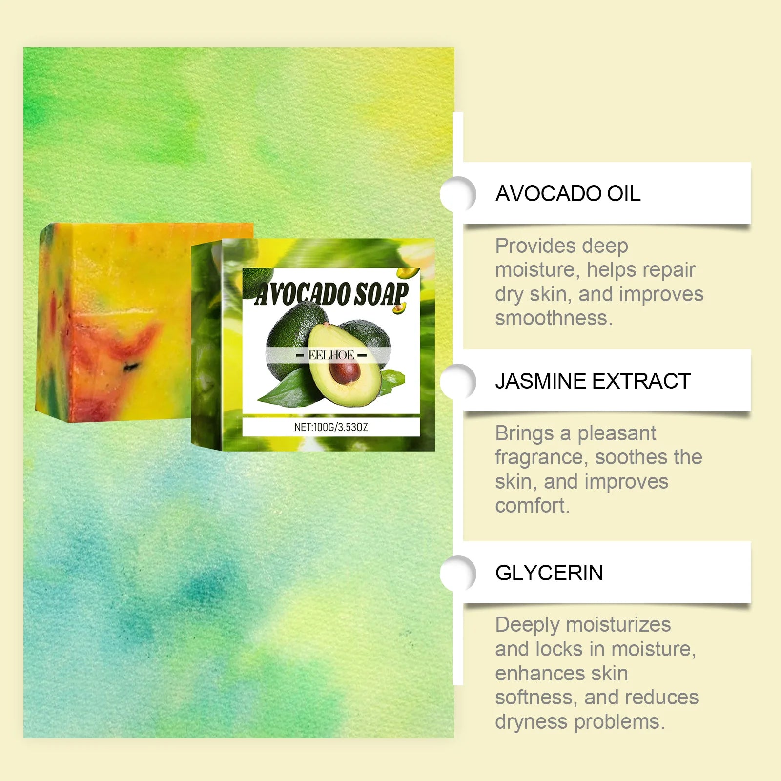 EELHOE Elastic Skin Lightening Soap Avocado Oil Control Rich Foam Professional Skin Cleansing Smooth Brightening Body Soap 100g