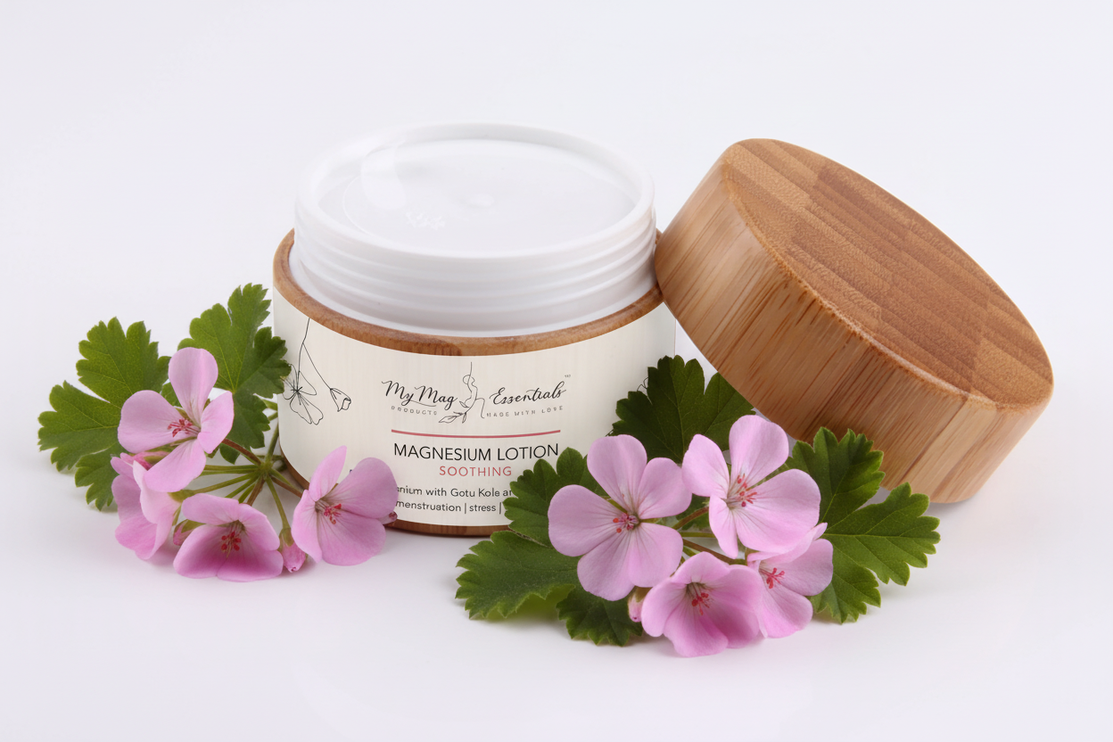 Australian Magnesium Lotion for Pain Management | Rose Geranium + Gotu Kola + Ginseng Extract | 100ml