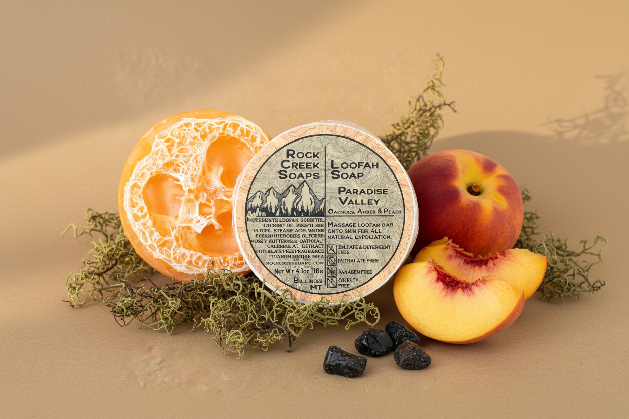 Rock Creek Oakmoss + Black Amber + Peach Loofah Soap | Paradise Valley Rock Creek Soaps