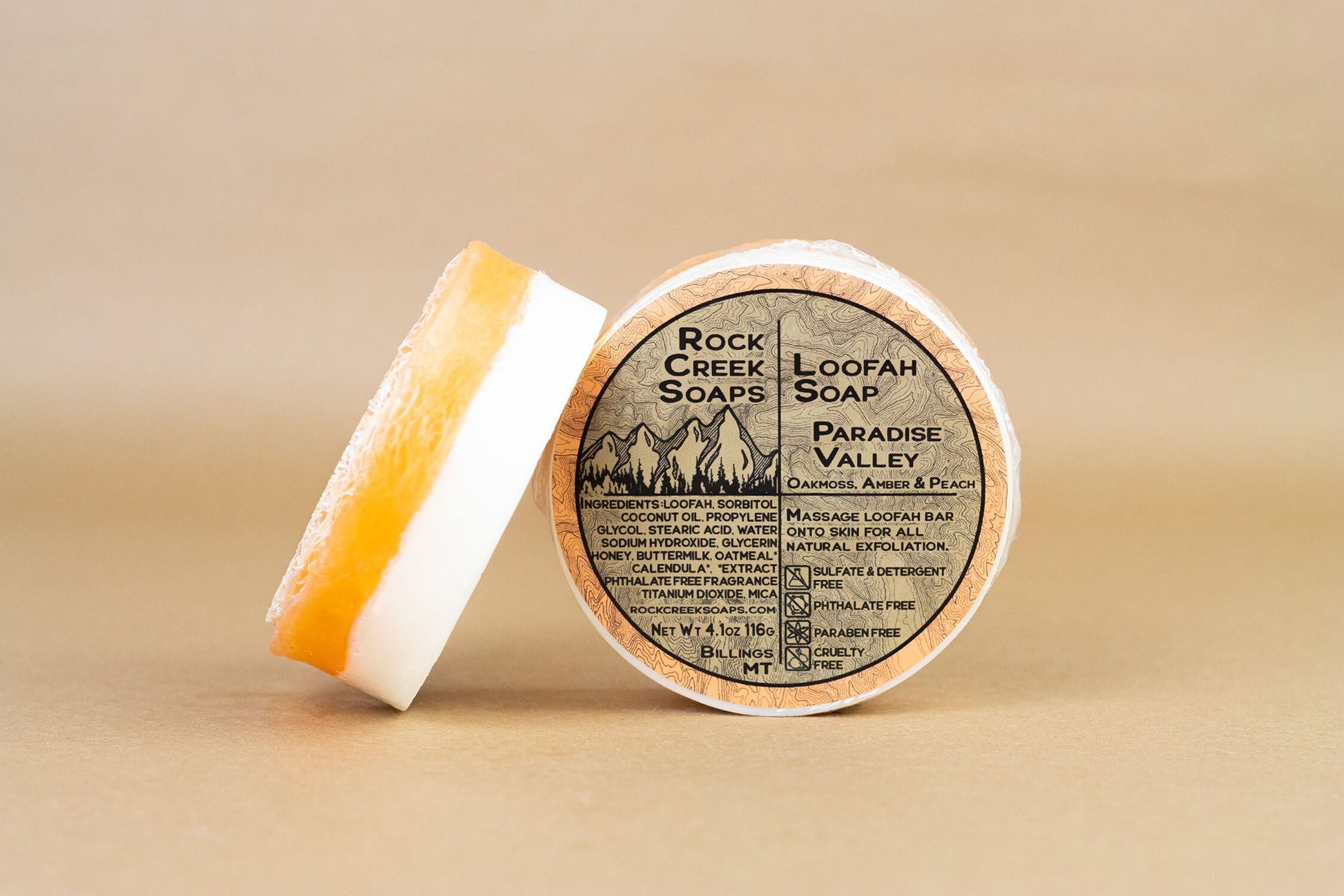 Rock Creek Oakmoss + Black Amber + Peach Loofah Soap | Paradise Valley Rock Creek Soaps